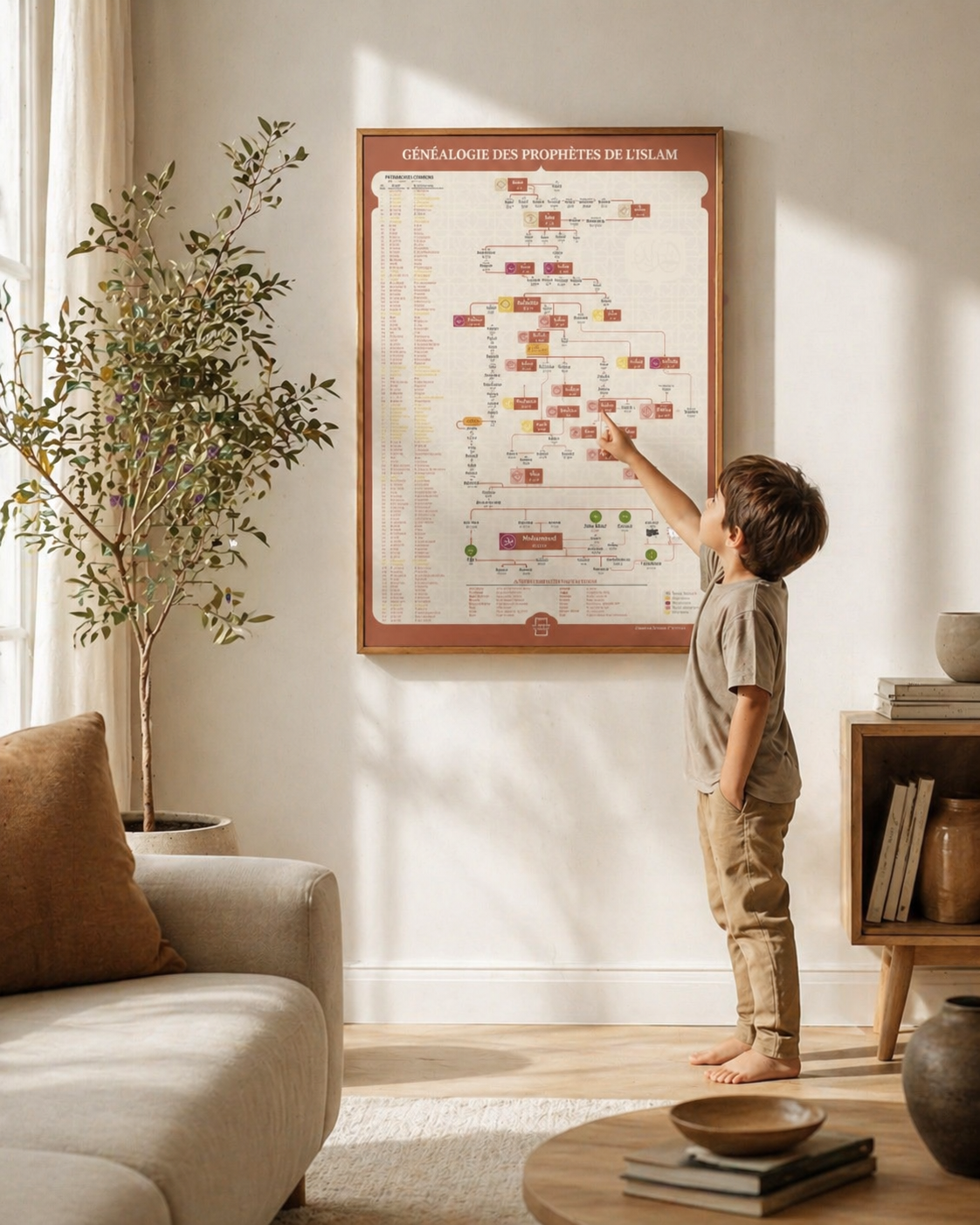 La Maison du Poster - Tableau poster Islam généalogie : Une œuvre minimaliste regroupant la lignée prophétique de Adam à Muhammad ﷺ, parfaite comme idée cadeau Aïd pour une famille musulmane.