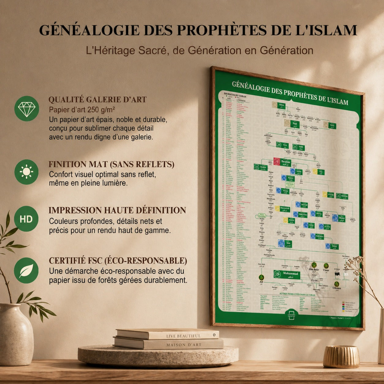 La Maison du Poster - Poster Islam arbre des prophètes : Support pédagogique détaillé incluant les 114 sourates du Coran et les figures emblématiques de l'Islam avec un design élégant et épuré.