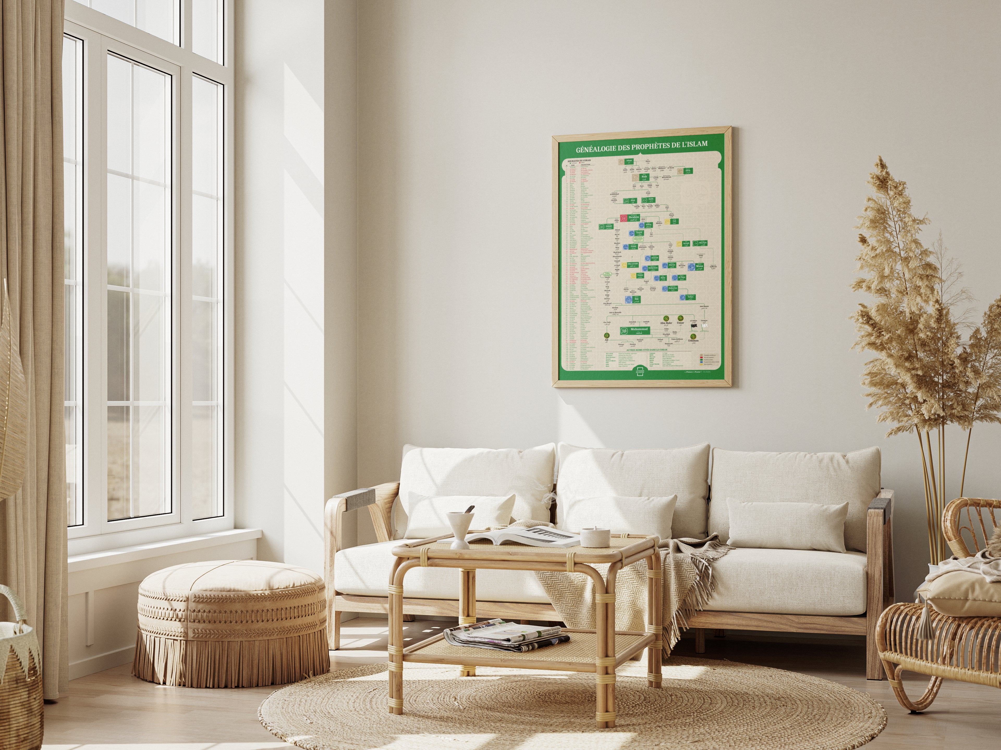 Poster mural généalogie des prophètes de l'islam encadré dans un salon moderne, couleur Vert_Emeraude
La Maison du Poster - Arbre généalogique prophètes Islam poster : Infographie murale spirituelle et informative, disponible en livraison rapide en France, Suisse, Belgique et Canada.