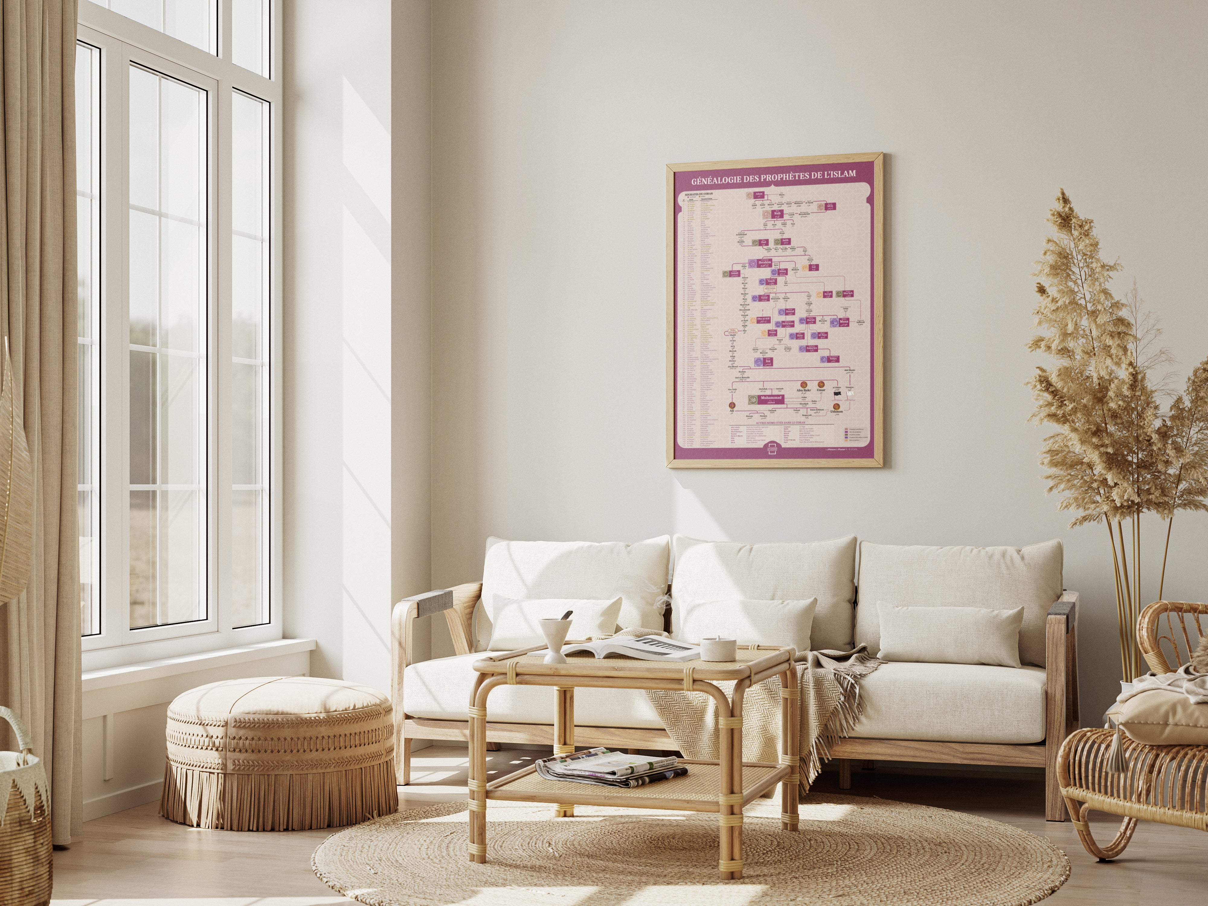 Poster mural généalogie des prophètes de l'islam encadré dans un salon moderne, couleur Violet_Prune
La Maison du Poster - Poster Islam généalogie des prophètes : Décoration murale éducative et artistique présentant l'arbre généalogique complet des 25 messagers d'Allah pour salon musulman moderne.